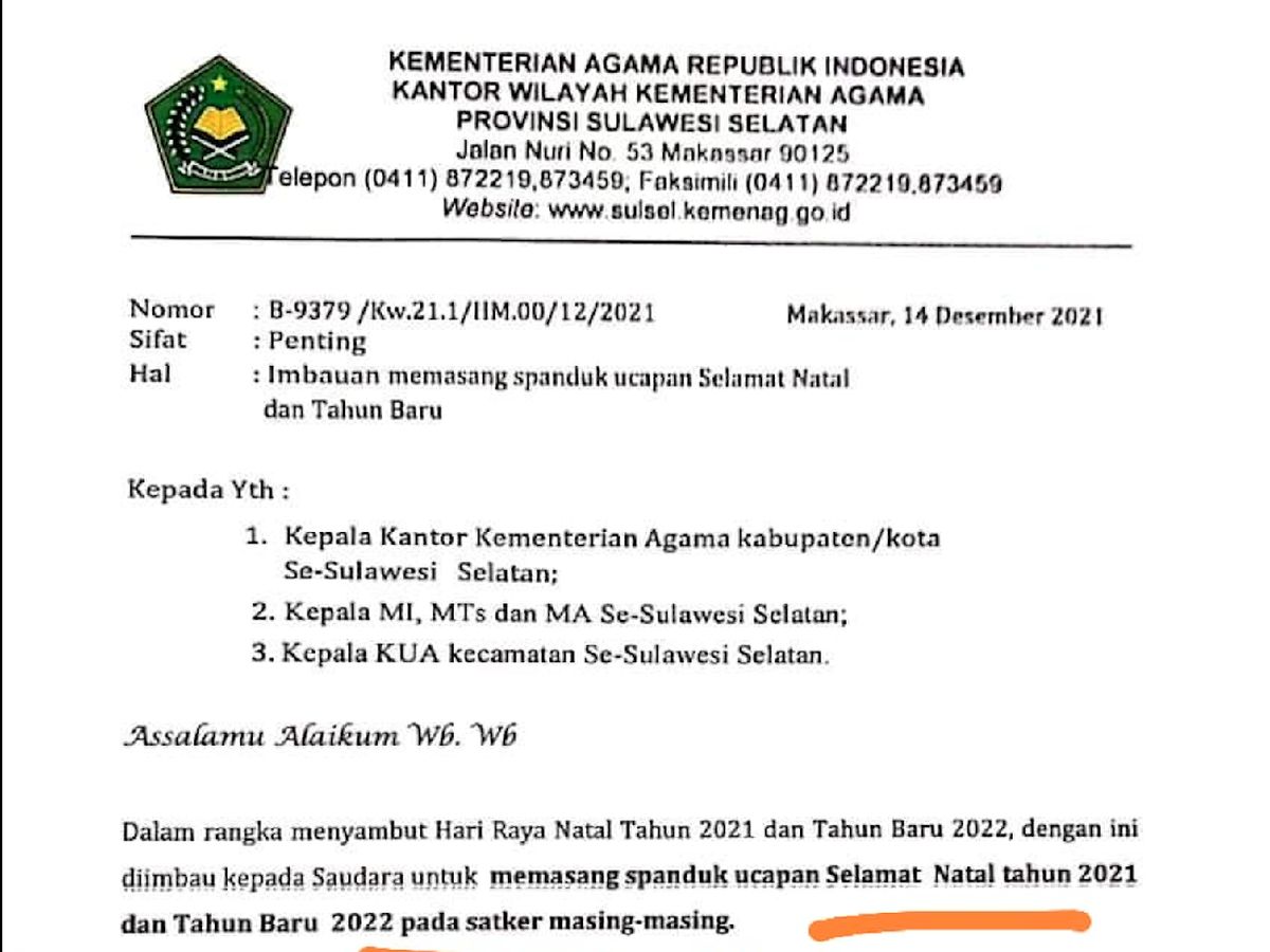 Kakanwil Kemenag Sulsel Himbau Pasang Spanduk Selamat Nataru, MIUMI Aceh: Memalukan